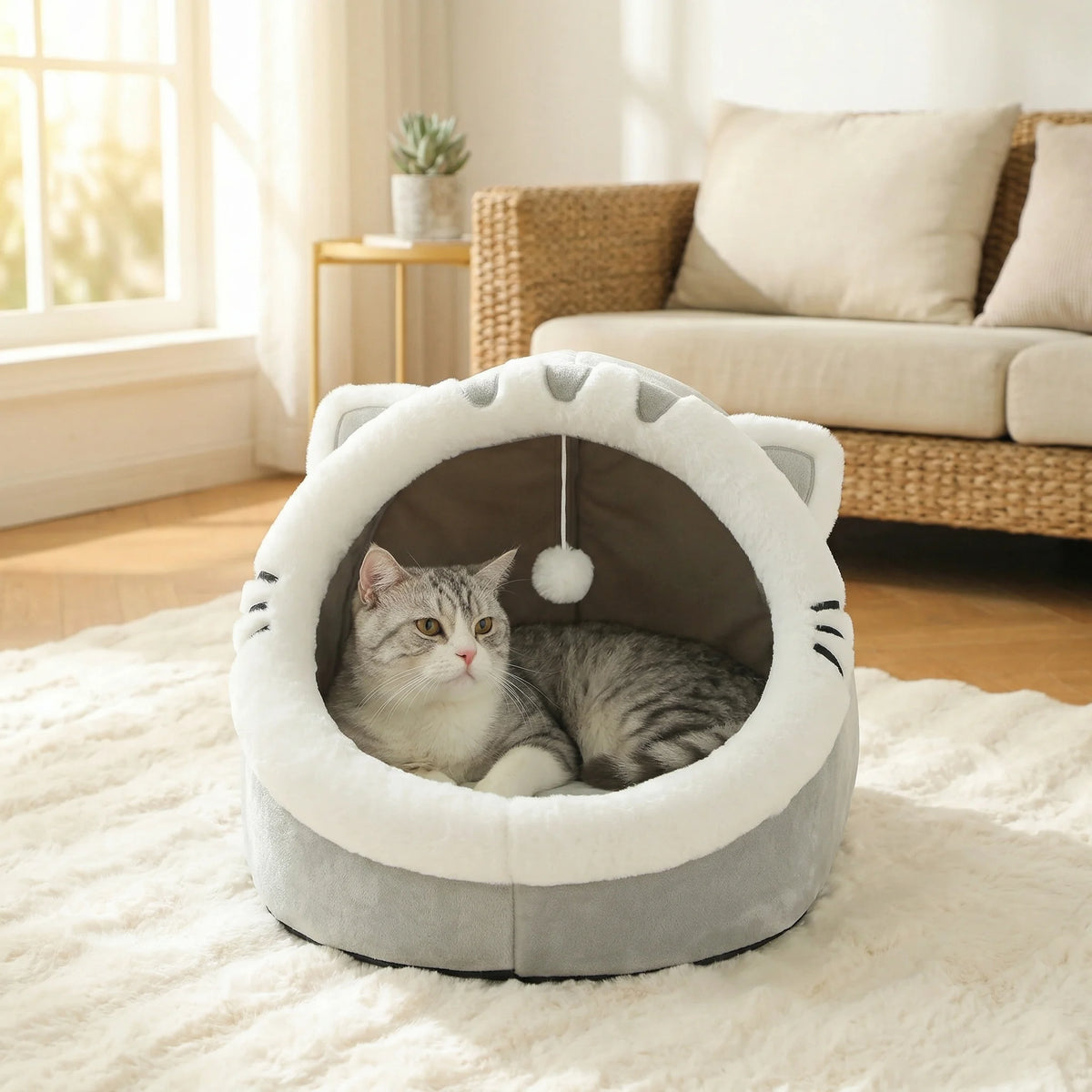 Lit-grotte douillet pour chat avec pompon – Coin repos