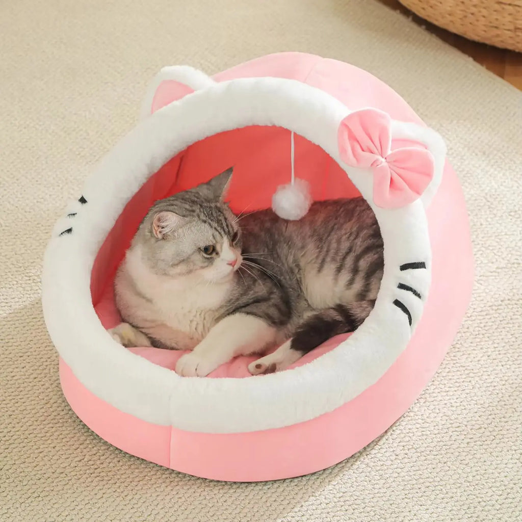 Lit-grotte douillet pour chat avec pompon – Coin repos