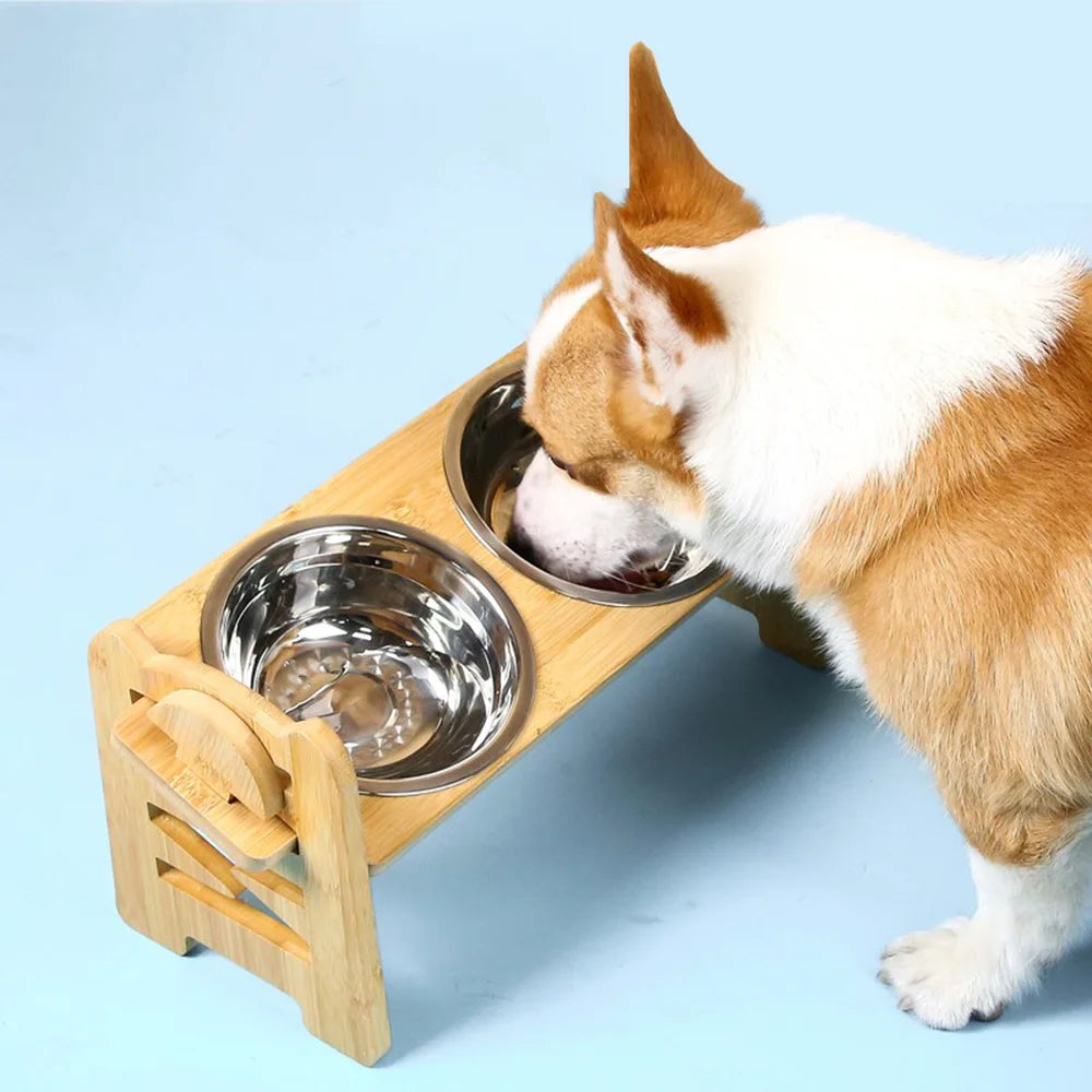 Support surélevé en bois avec 2 gamelles inox – Chiens & Chats