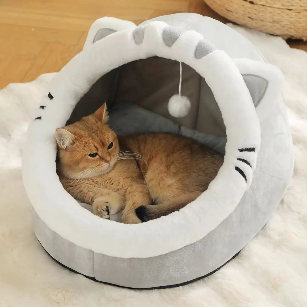 Lit-grotte douillet pour chat avec pompon – Coin repos