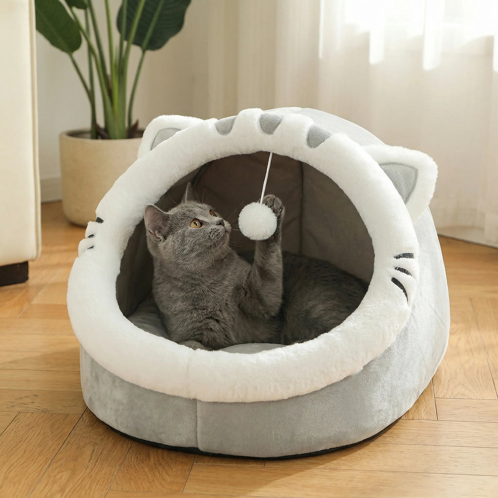 Lit-grotte douillet pour chat avec pompon – Coin repos