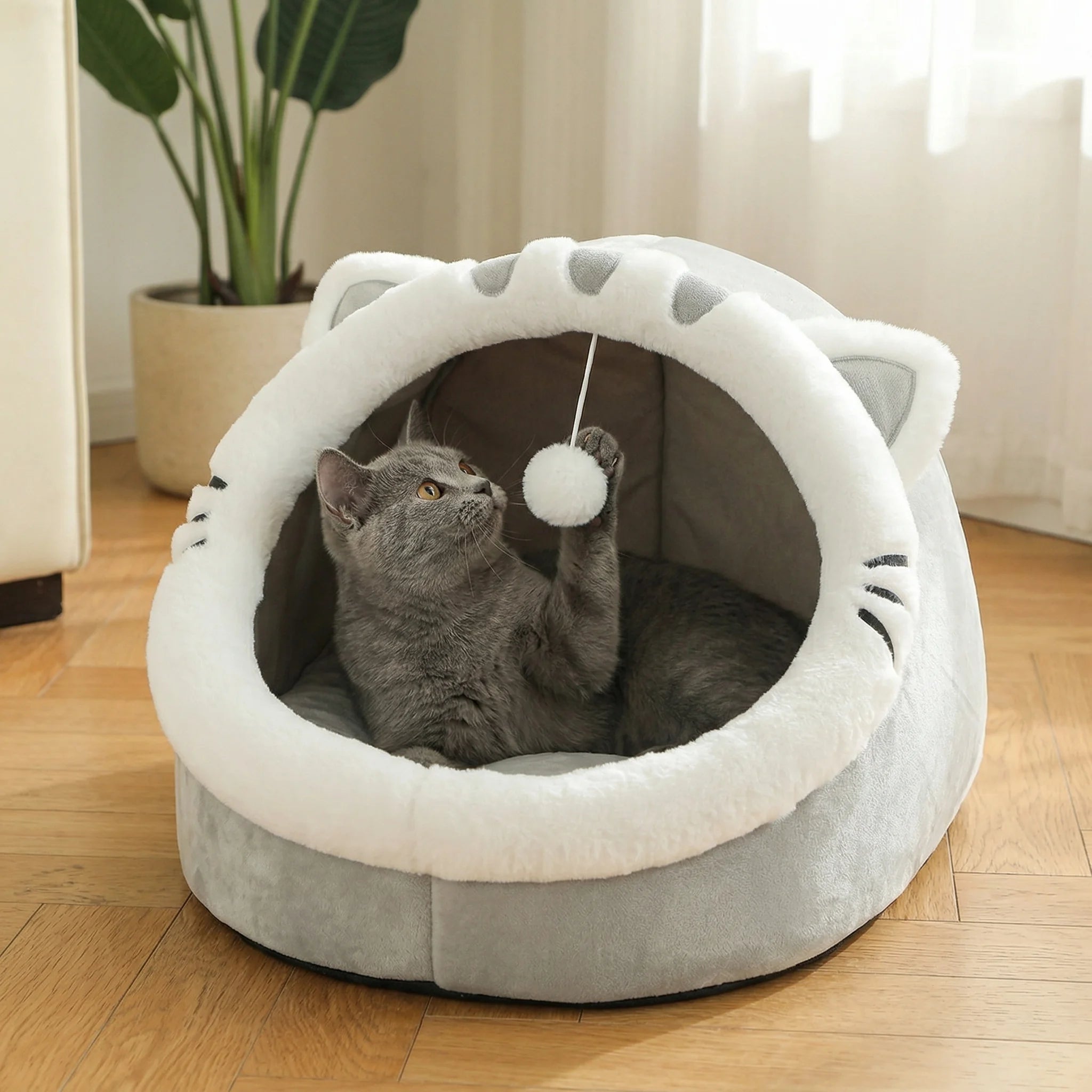 Lit-grotte douillet pour chat avec pompon – Coin repos