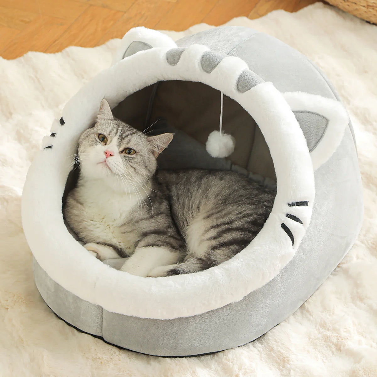 Lit-grotte douillet pour chat avec pompon – Coin repos