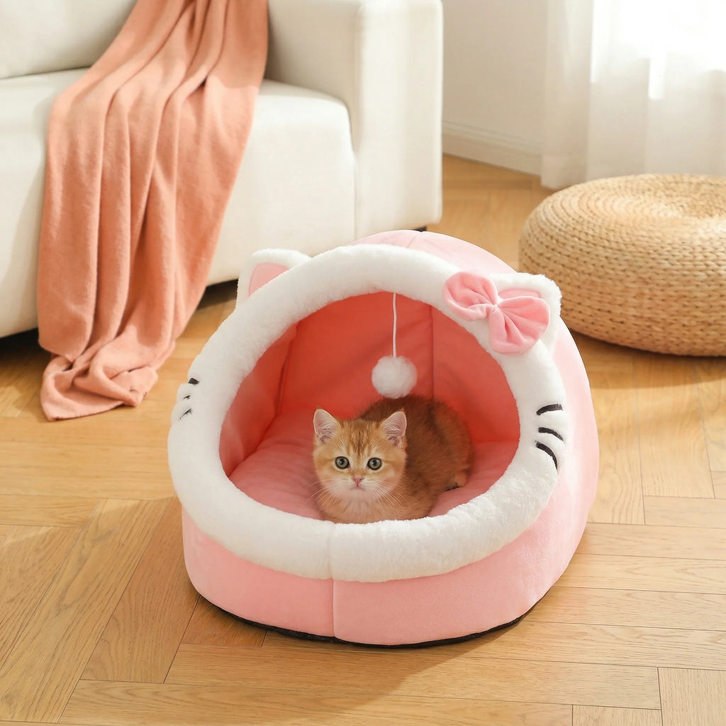 Lit-grotte douillet pour chat avec pompon – Coin repos
