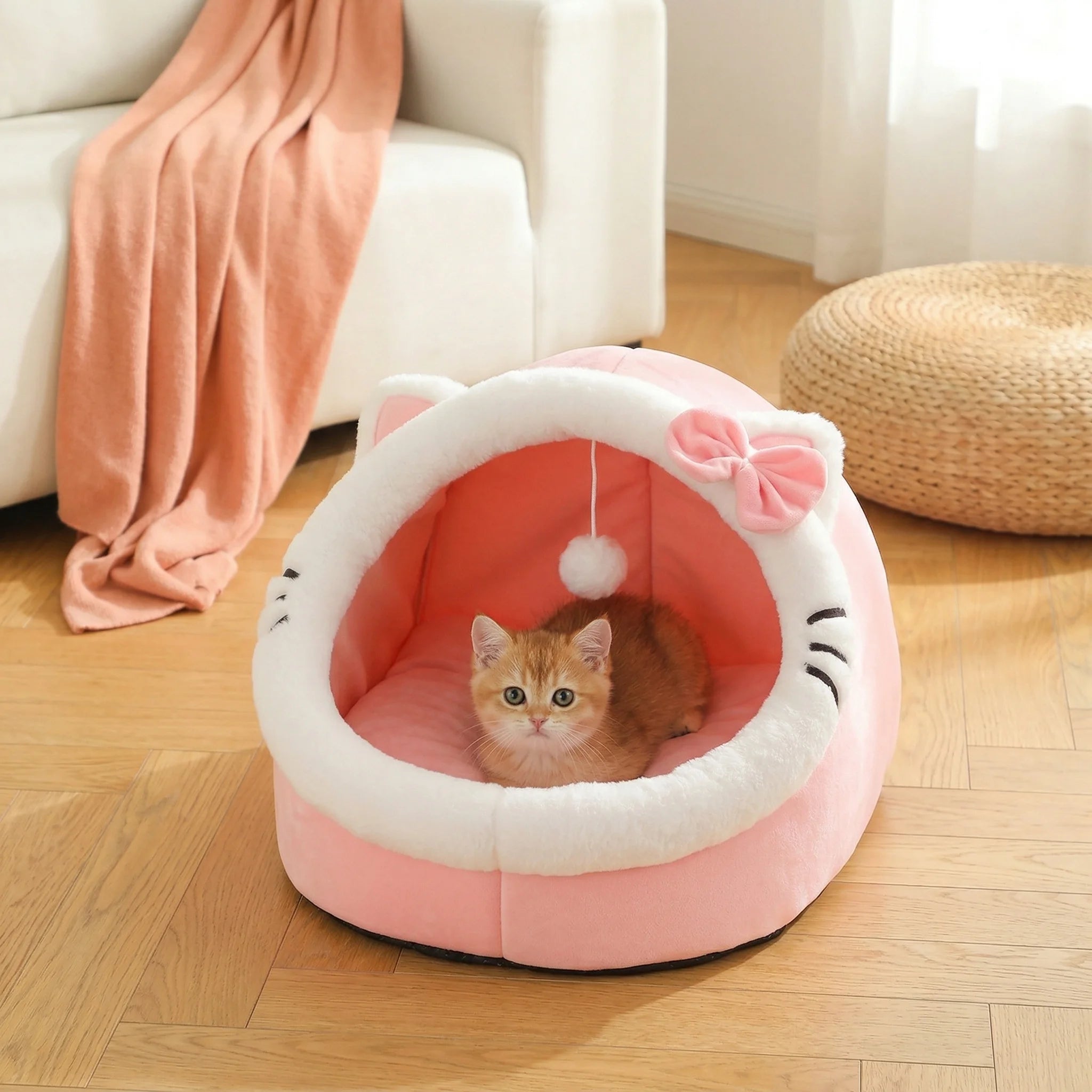 Lit-grotte douillet pour chat avec pompon – Coin repos